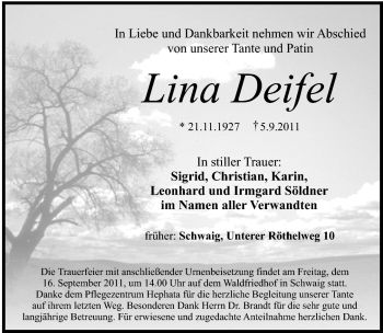 Traueranzeige von Lina Deifel von Pegnitz-Zeitung